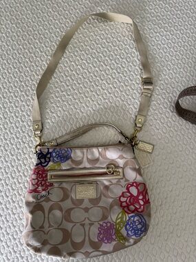 Coach Beige Signature Crossbody with Multicolor Floral Accents